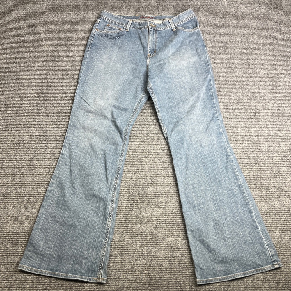 Eddie Bauer Womens Light Wash Embroidered Flare Jeans Blue Mid Rise Sz 12 2007